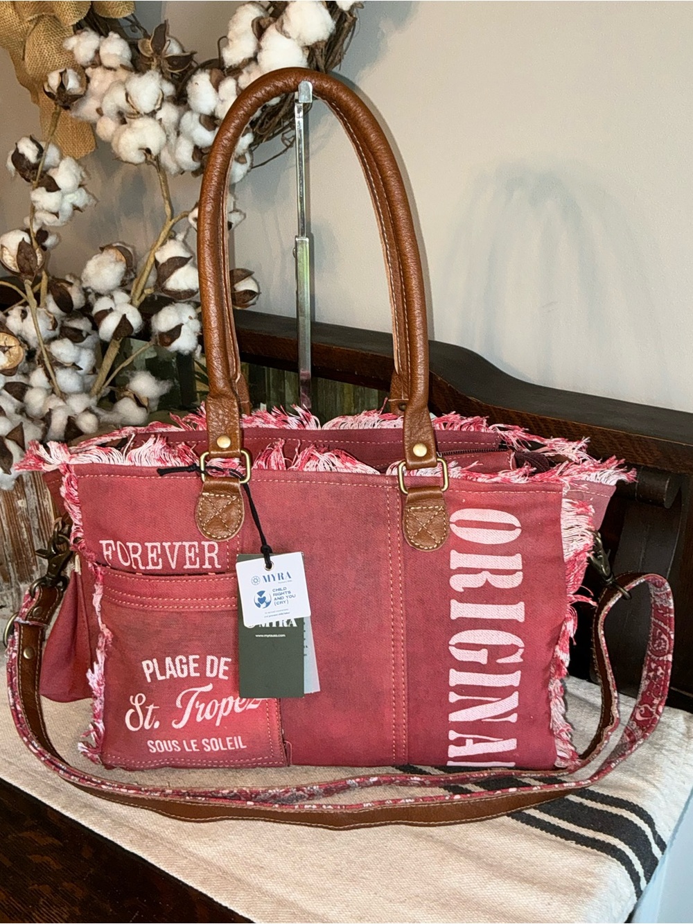 NWT Myra Bag Coastal Steel Upcyclyed Canvas Shoulder Bag Tote Crossbody Red $65 - Picture 4 of 15